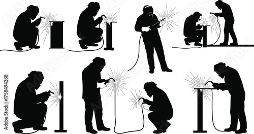 Fotografija Industrial welder silhouettes working with sparks and metal equipment, factory w