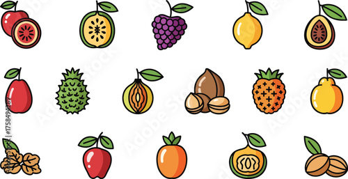 Pixel Art Fruits and Nuts Collection Vibrant Healthy Food