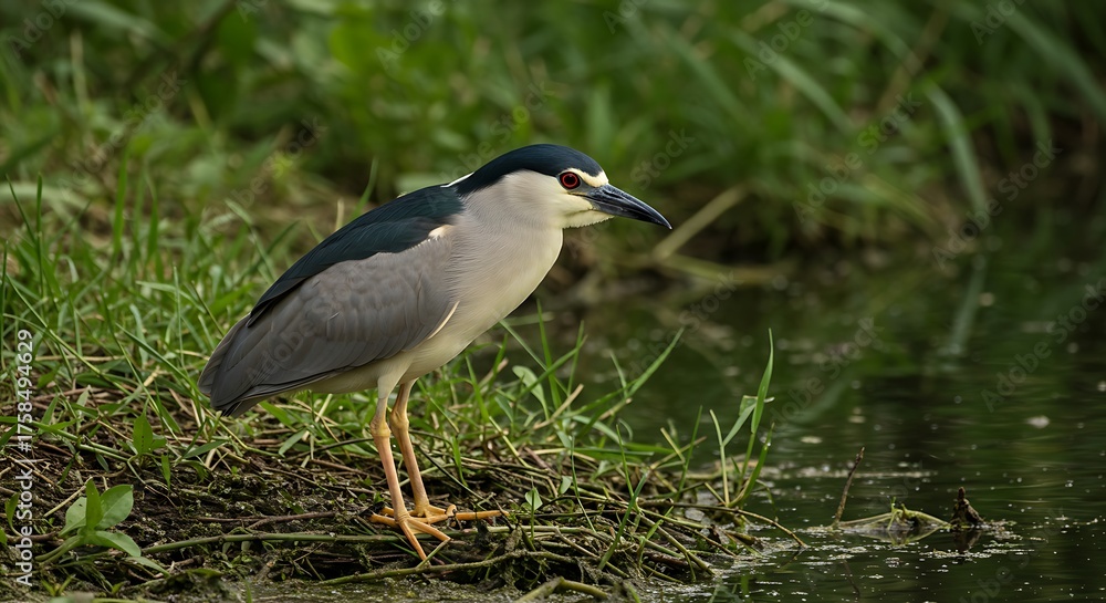 Fototapeta premium Night heron perched by water wildlife portrait in natural habitat