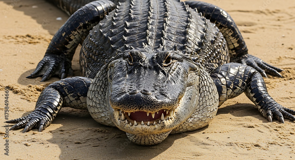 Fototapeta premium Large alligator resting on sandy surface under daylight overhead
