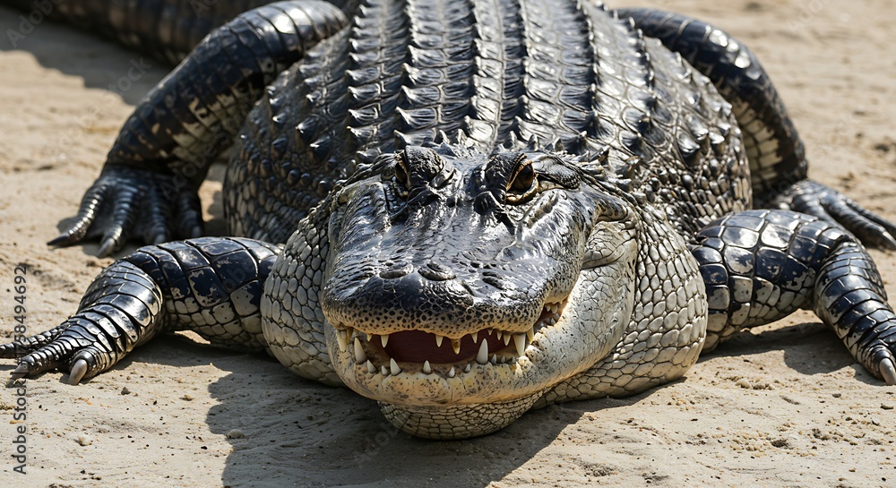 Fototapeta premium Large alligator resting on sandy ground with detailed scales and open mouth