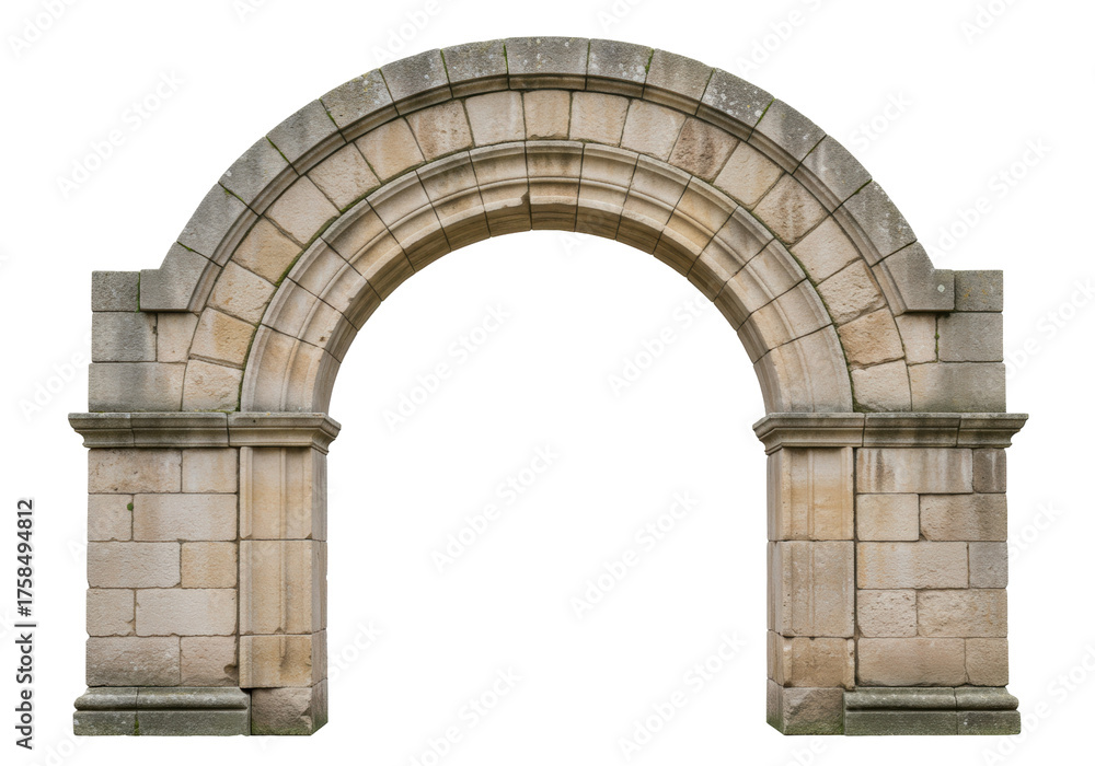 Fototapeta premium Isolated Romanesque archway, aged stonework featuring carved details and weathered textures