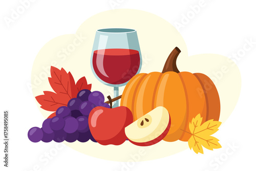 Autumn harvest still life with pumpkin apple grapes and wine glass