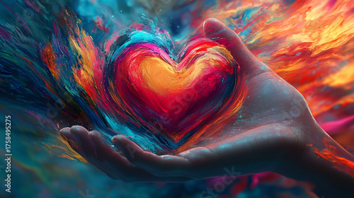 A surreal depiction of an abstract glowing heart held gently in a human hand, symbolizing emotion, care, and vulnerability through light, form, and contrast.
