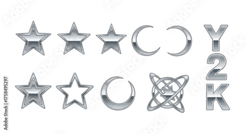 A collection of glossy chrome Y2K style icons including stars, moons, a celtic knot, and typography.