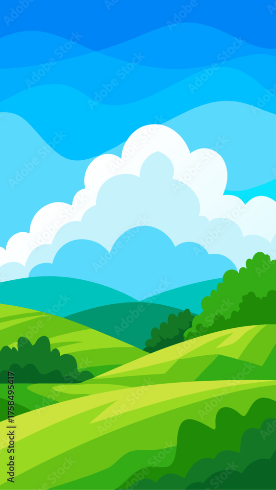 Obraz premium Vibrant cartoon landscape with rolling green hills and fluffy white clouds under a bright blue sky