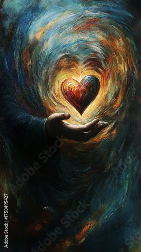 A surreal depiction of an abstract glowing heart held gently in a human hand, symbolizing emotion, care, and vulnerability through light, form, and contrast.
