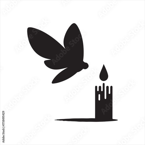 Moth flying toward candle flame vector silhouette clip art icons set collection

