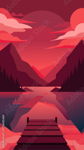 Serene red landscape with mountains lake and dock at sunset
