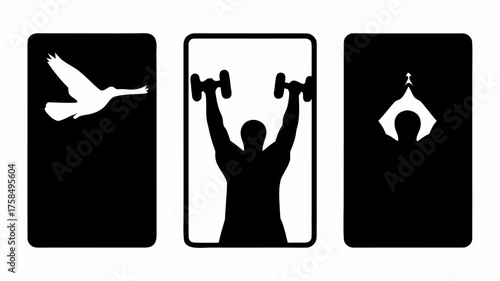 Dynamic fitness journey showcasing strength, freedom, and spiritual ascent with a weightlifter, flying bird, and meditative figure in sleek design