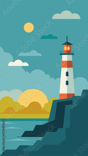 Stylized lighthouse on a rocky coastline with sun and clouds