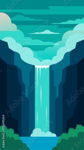 Stylized illustration of a majestic waterfall cascading down a cliff face surrounded by clouds and lush greenery