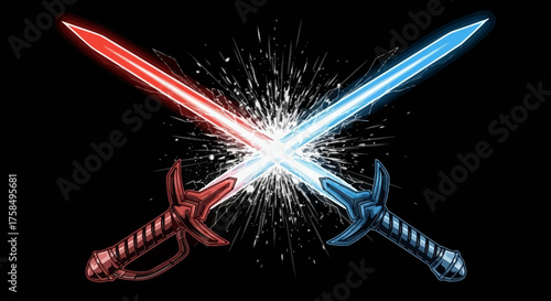 Two glowing swords, one red and one blue, crossed in the center with a burst of light and sparks between them against a black background.