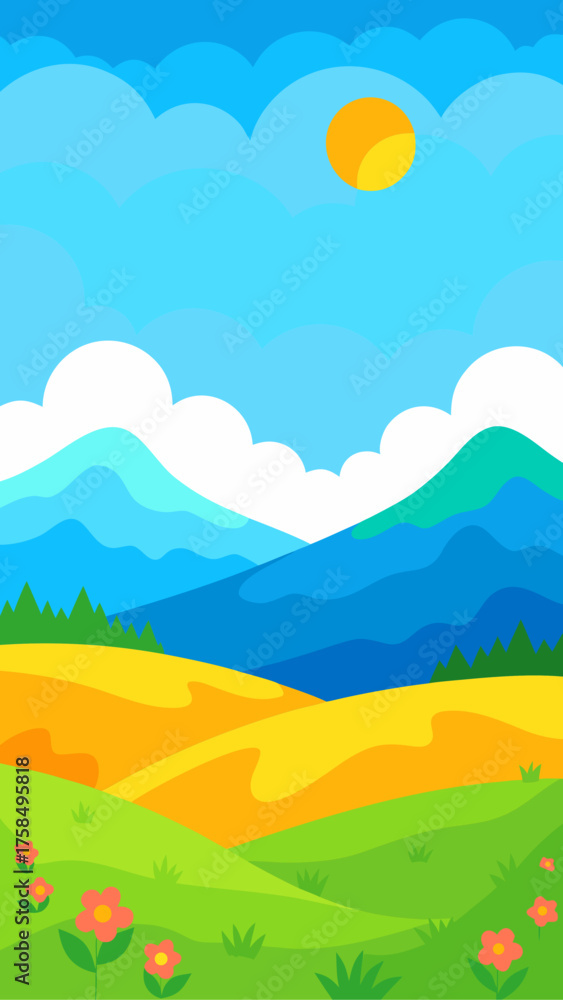 Fototapeta premium Vibrant cartoon landscape with rolling hills mountains sun and flowers