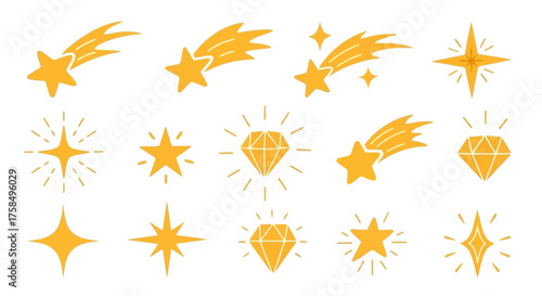 Collection of various golden star and diamond illustrations, perfect for design elements.