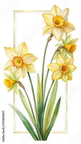 Elegant arrangement of vibrant yellow daffodil flowers in a golden frame design