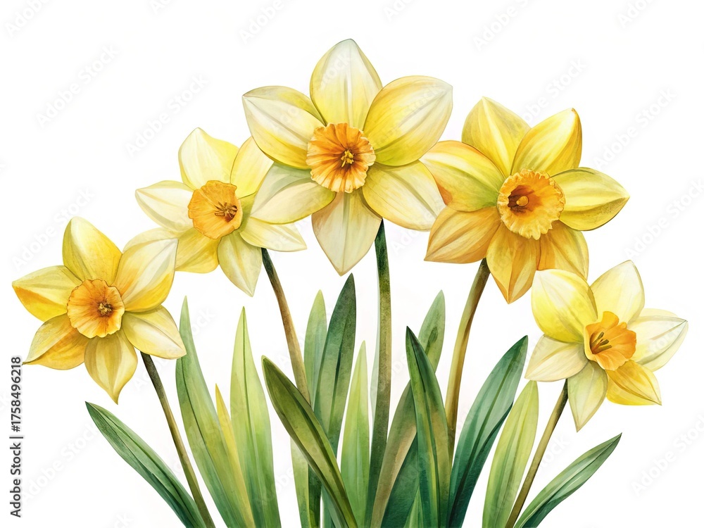 Fototapeta premium Watercolor Painting of a Beautiful Cluster of Yellow Daffodils with Vibrant Leaves