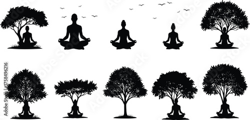 Meditation silhouettes and yoga poses, peaceful figures under trees with birds, mindfulness and nature relaxation vector illustration on white background design