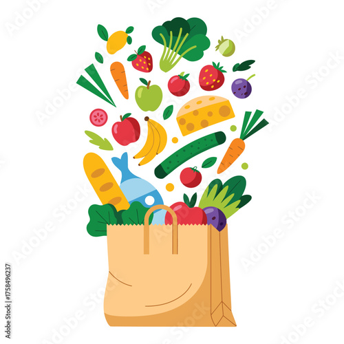 Fresh groceries overflowing from a brown paper shopping bag