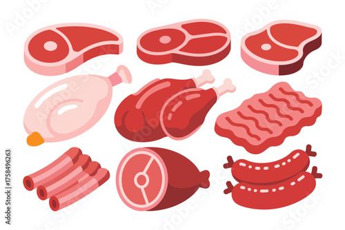 Assortment of raw meat cuts and sausages flat design illustration