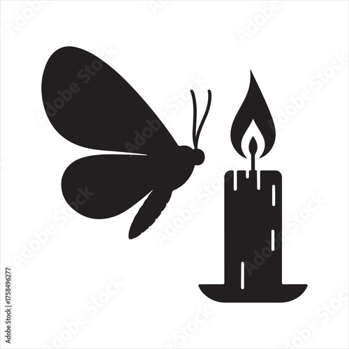 Moth flying toward candle flame vector silhouette clip art icons set collection
