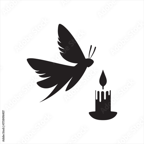 Moth flying toward candle flame vector silhouette clip art icons set collection
