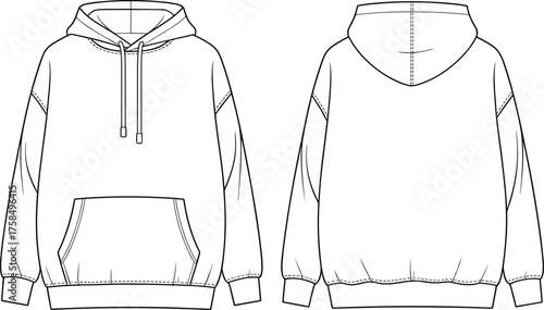 Hooded sweatshirt front and back view, drawstring hood, kangaroo pocket, ribbed cuffs, fashion sketch, garment design, cad drawing flat vector illustration