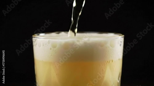 Pouring fresh beer into a glass close up view footage