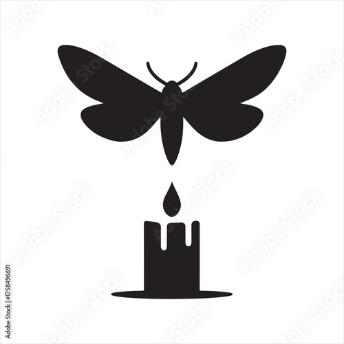 Moth flying toward candle flame vector silhouette clip art icons set collection
