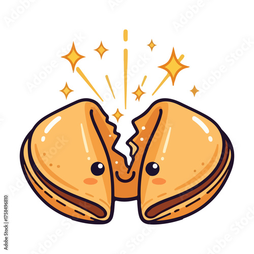 Cute fortune cookie opening with golden star light, flat vector illustration
