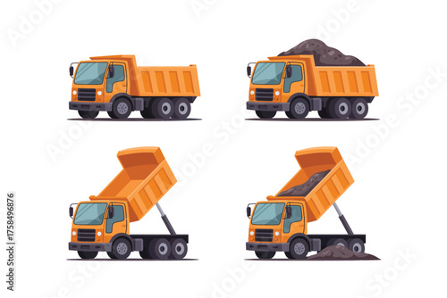 Four orange dump trucks showing different stages of operation