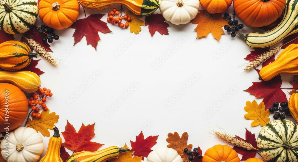 Fototapeta premium Autumnal arrangement of pumpkins gourds leaves and berries with copy space
