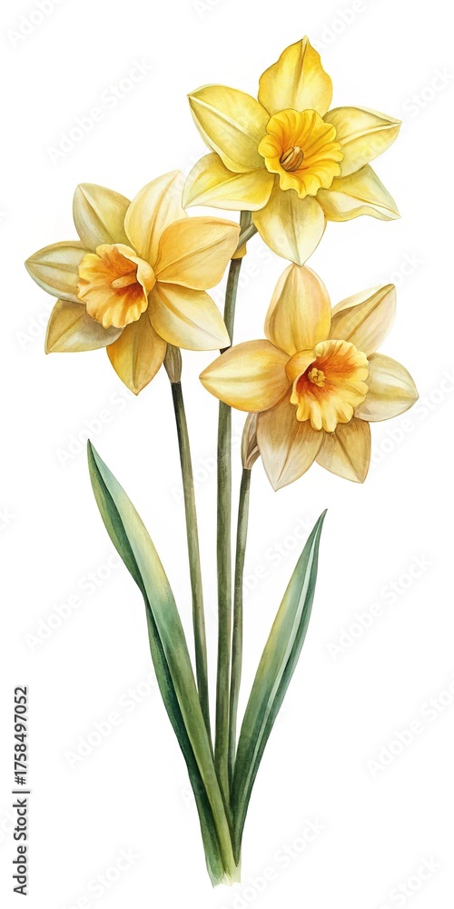 Fototapeta premium Watercolor Painting of Three Yellow Daffodils with Green Leaves on White Background