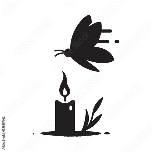 Moth flying toward candle flame vector silhouette clip art icons set collection
