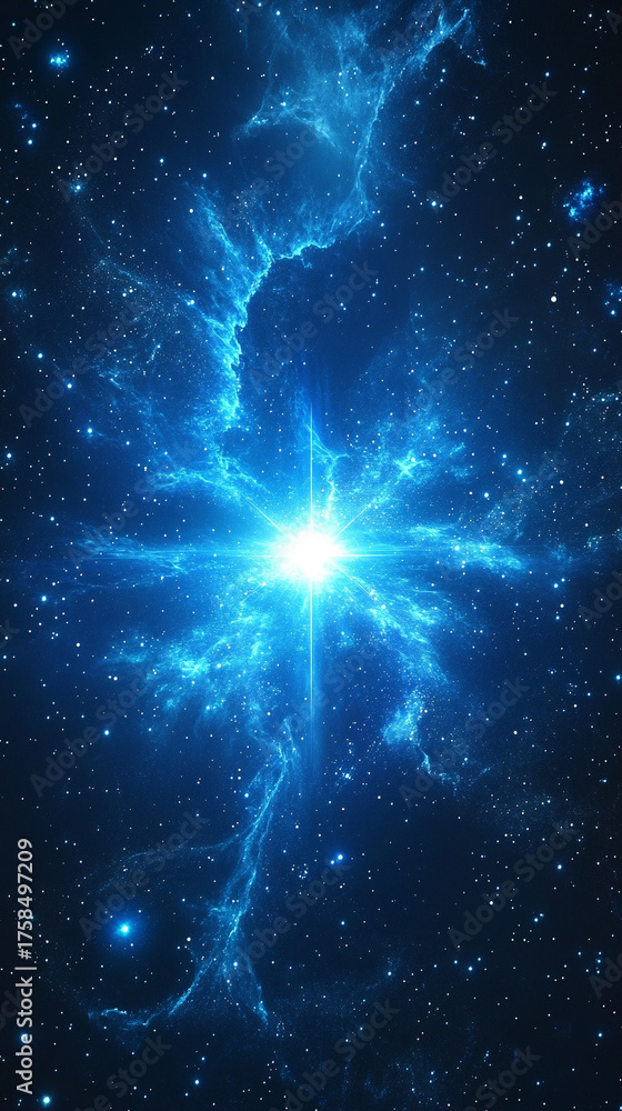 Fototapeta premium Cinematic cosmic background featuring blue glowing stars, stardust, and nebula dust symbolizing universe, exploration, space travel, and celestial beauty