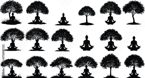 Meditation silhouettes under trees, peaceful yoga poses in nature, relaxing mindfulness illustration with seated figures and harmonious outdoor atmosphere