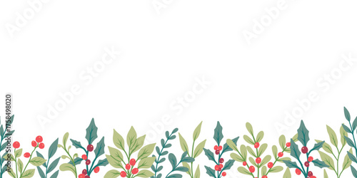 Christmas horizontal pattern of winter plants and foliage. Holiday background with decorative seasonal elements, holly, mistletoes, poinsettia, branches Xmas tree, berries. Vector flat illustration.