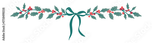 Christmas evergreen garland with berries vector line art, clipart illustration with isolated on white background.