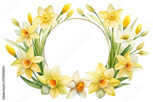 Watercolor daffodil floral wreath with yellow and white blossoms on white background