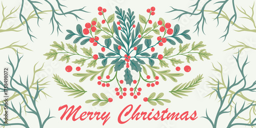 Christmas background with decorative seasonal elements: holly, mistletoe, poinsettia, Christmas tree branches, and berries. Flat vector illustration.