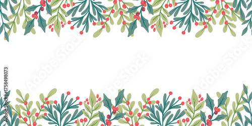 Christmas horizontal pattern of winter plants and foliage. Holiday background with decorative seasonal elements, holly, mistletoes, poinsettia, branches Xmas tree, berries. Vector flat illustration.