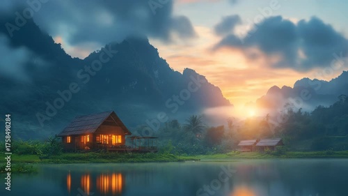 Mountain landscape sunrise cabin by calm lake