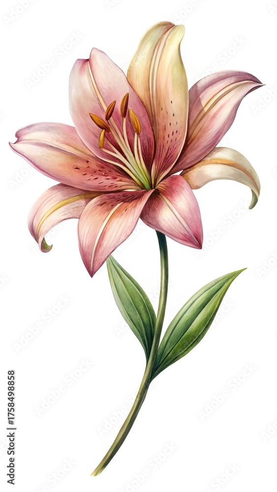 Obraz premium Elegant Watercolor Painting of a Pink Lily Flower with Green Leaves