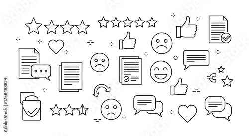 Outline icons representing feedback, reviews, and customer satisfaction elements.