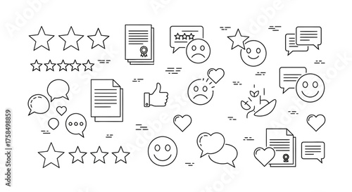 A collection of thin line icons representing customer feedback, reviews, and satisfaction ratings.