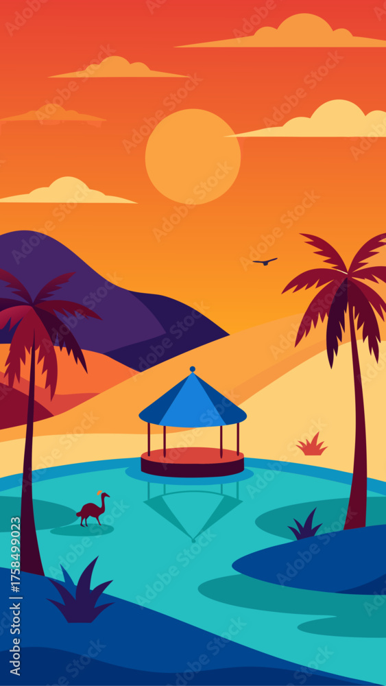 Obraz premium Tropical island oasis with palm trees and a gazebo at sunset