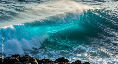 Fototapeta Naklejka Na Ścianę i Meble -  Ocean wave cresting in sunlight showcasing waters movement and texture