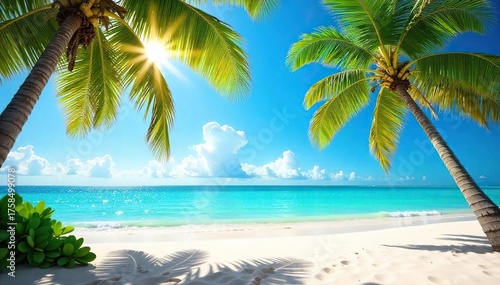 Idyllic Tropical Beach Scene Sun-Kissed Sand, Turquoise Waters, and Gently Swaying Palm Trees, Perfect for Summer Travel and Vacation Projects