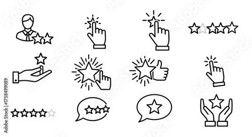 Collection of various line art icons representing ratings, reviews, and feedback concepts.