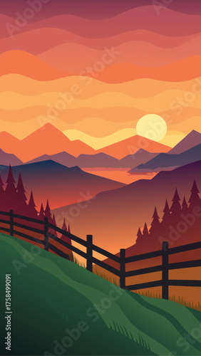 Vibrant sunset over layered mountains and a calm lake with a wooden fence in the foreground